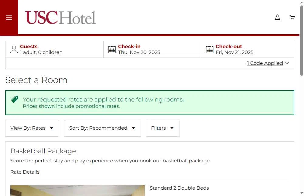 USC Hotel checkout page showing USC Hotel promo code box | Screenshot taken by SimplyCodes community member on Nov 15, 2025