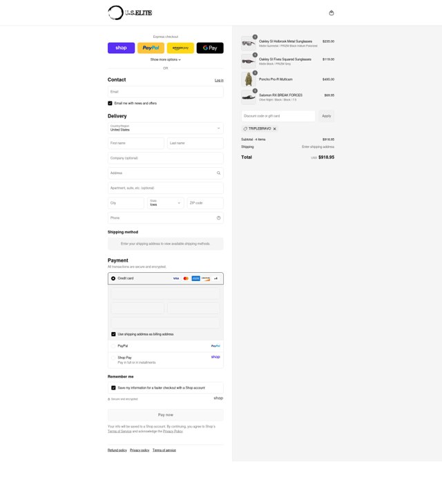 U.S. Elite checkout page showing U.S. Elite promo code box | Screenshot taken by SimplyCodes community member on Sep 4, 2025