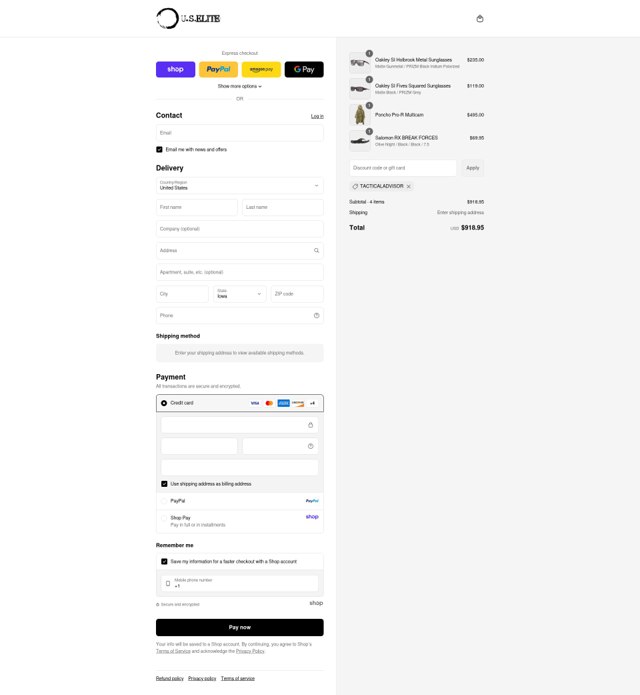 U.S. Elite checkout page showing U.S. Elite promo code box | Screenshot taken by SimplyCodes community member on Sep 4, 2025