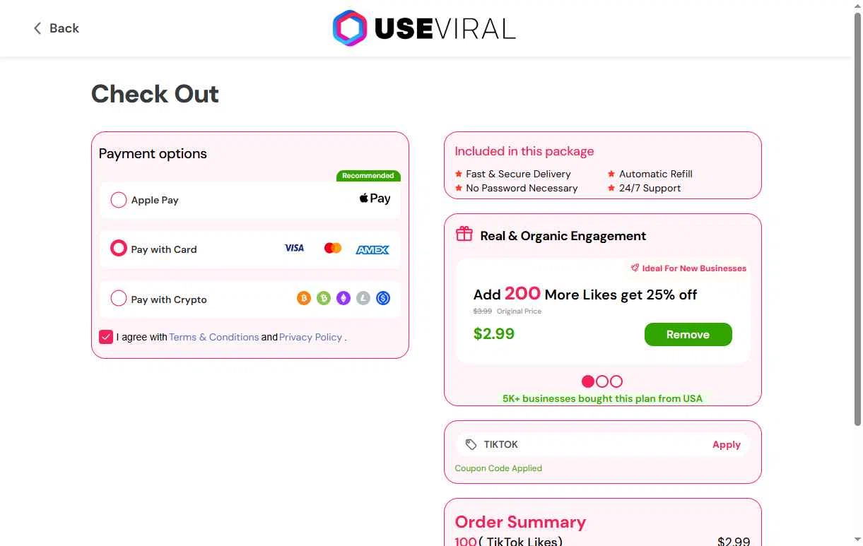 Useviral checkout page showing Useviral coupon code box | Screenshot taken by SimplyCodes community member on Jan 15, 2026