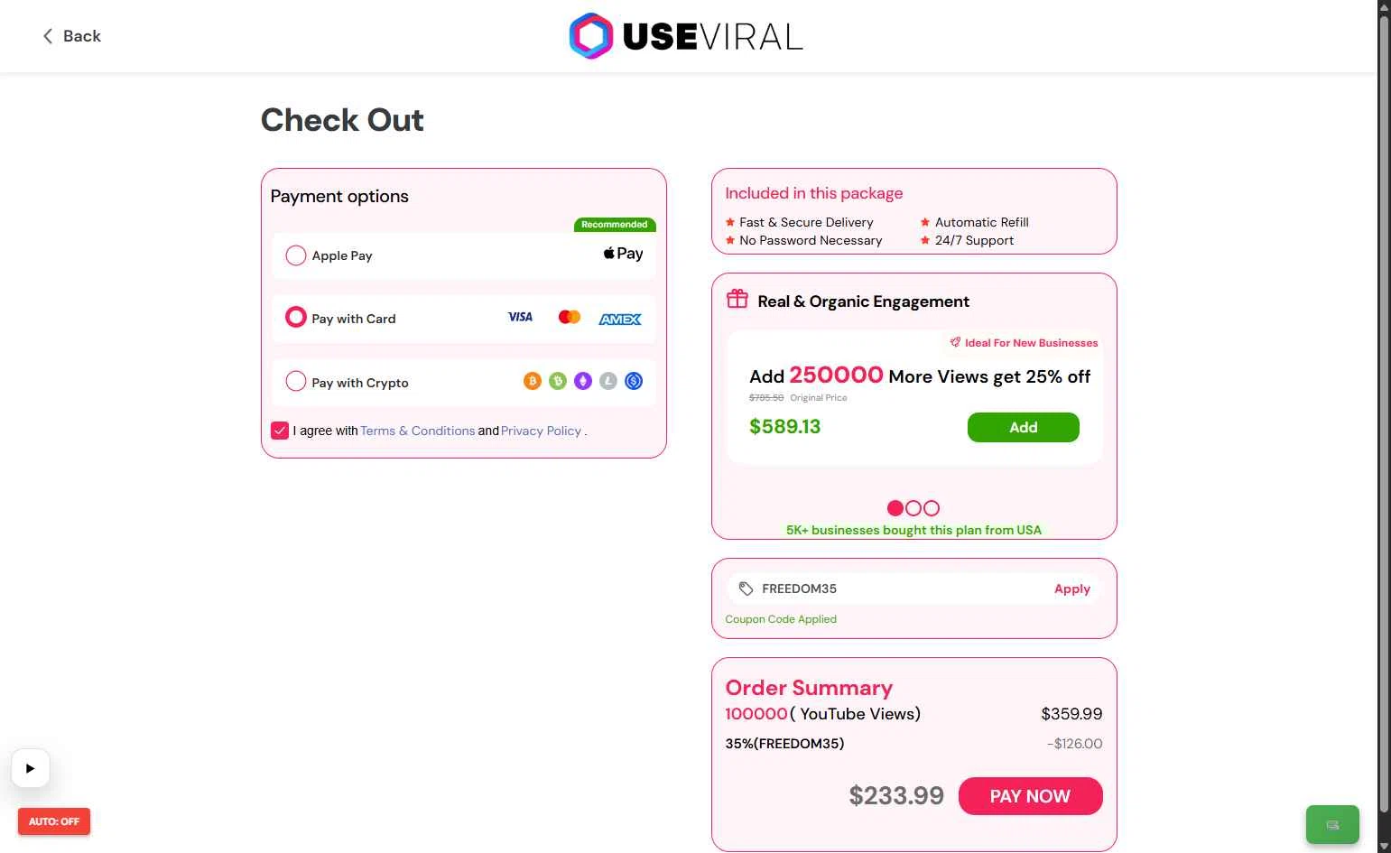 Useviral checkout page showing Useviral coupon code box | Screenshot taken by SimplyCodes community member on Jan 15, 2026