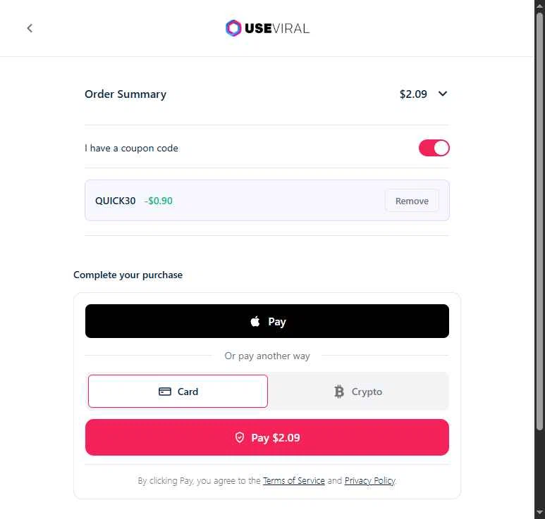 Useviral checkout page showing Useviral coupon code box | Screenshot taken by SimplyCodes community member on Jan 24, 2026