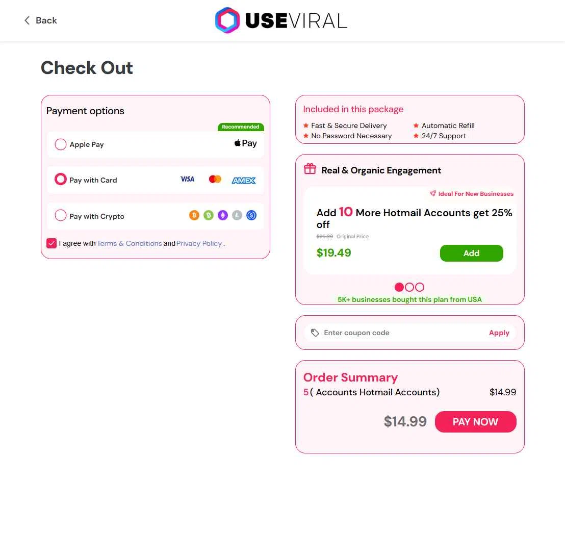 Useviral checkout page showing Useviral coupon code box | Screenshot taken by SimplyCodes community member on Dec 25, 2025