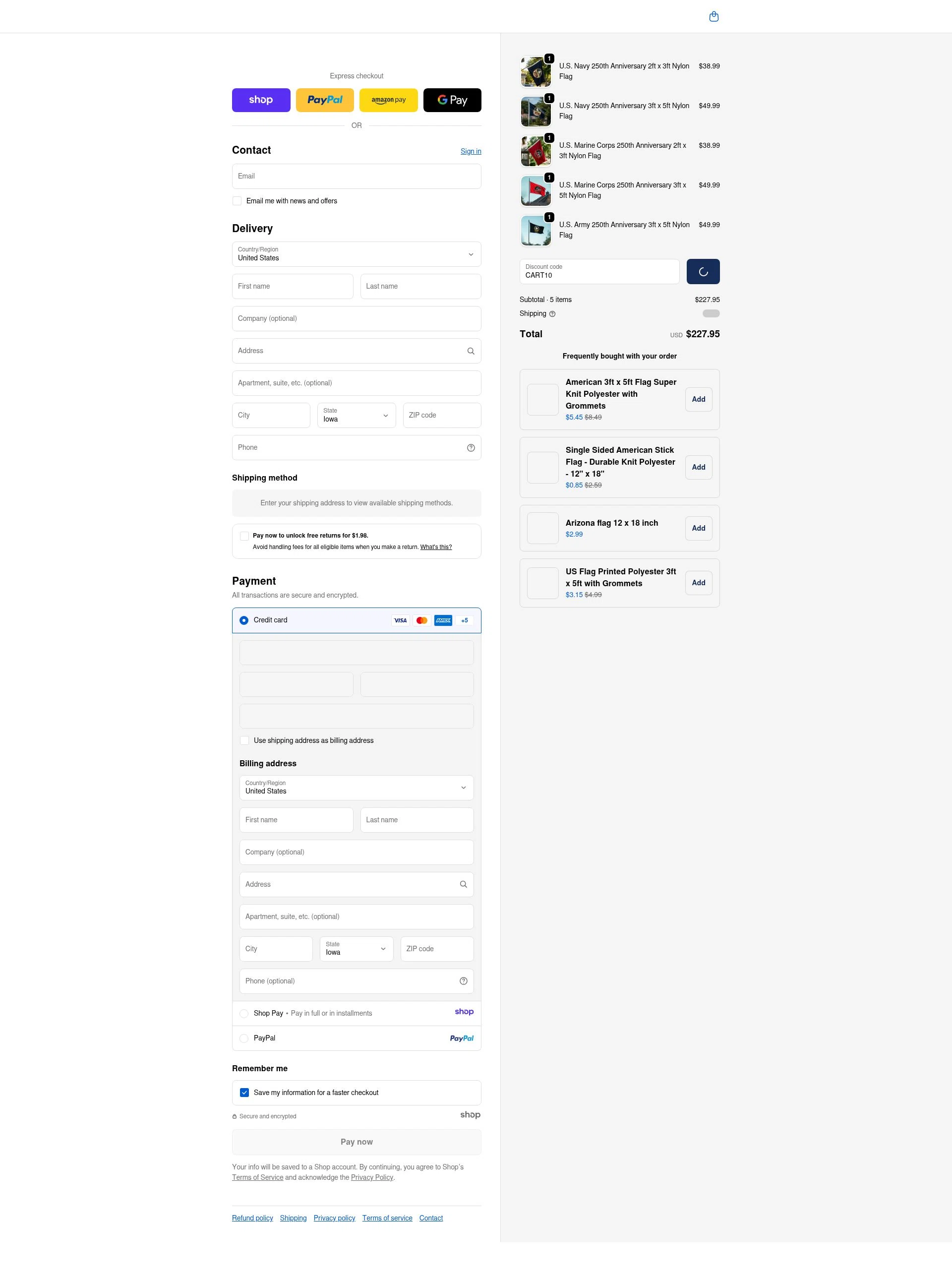 United States Flag Store checkout page showing United States Flag Store coupon code box | Screenshot taken by SimplyCodes community member on Jan 2, 2026