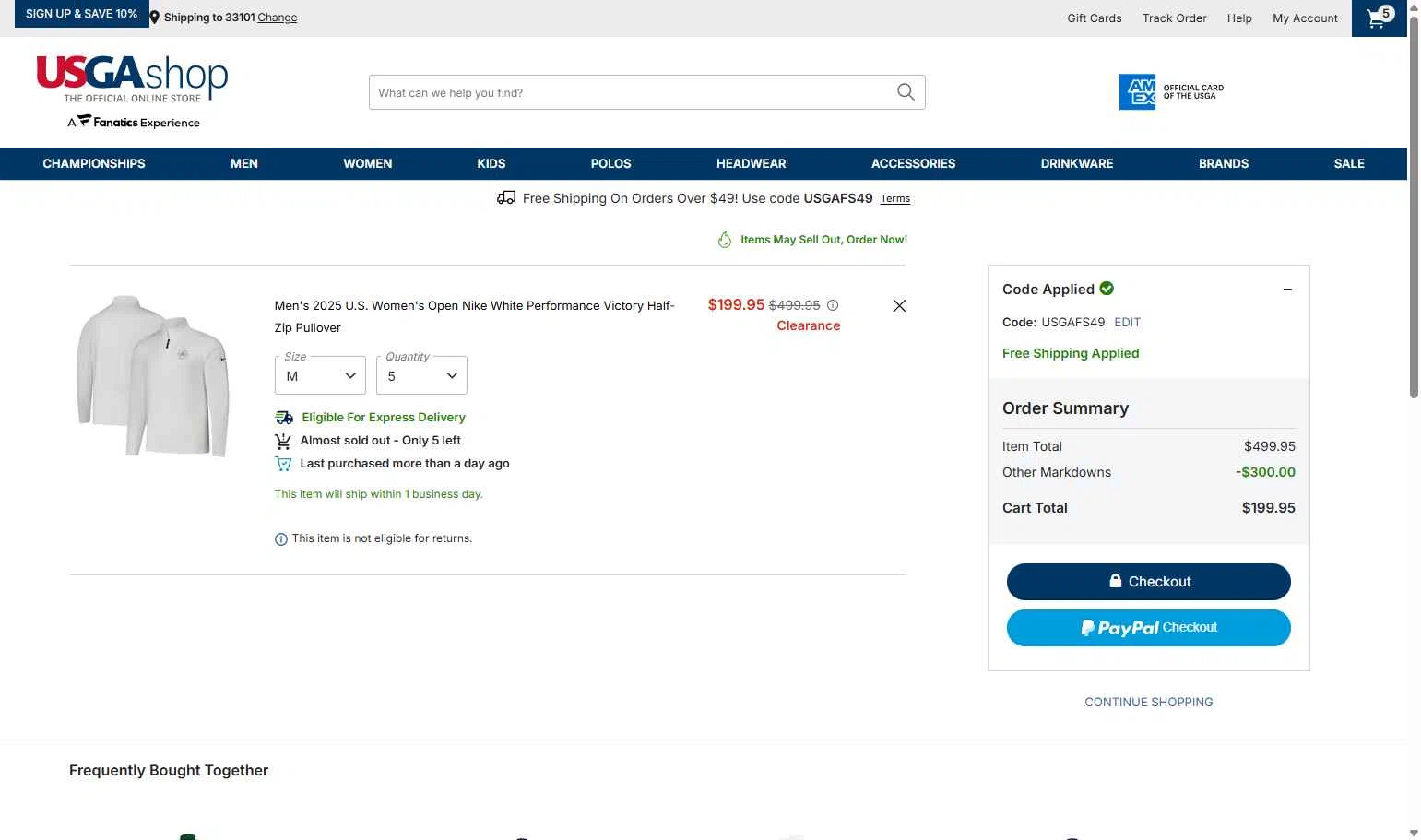 USGA Merchandise checkout page showing USGA Merchandise promo code box | Screenshot taken by SimplyCodes community member on Jan 8, 2026