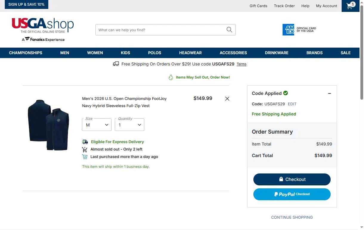 USGA Merchandise checkout page showing USGA Merchandise promo code box | Screenshot taken by SimplyCodes community member on Jan 18, 2026