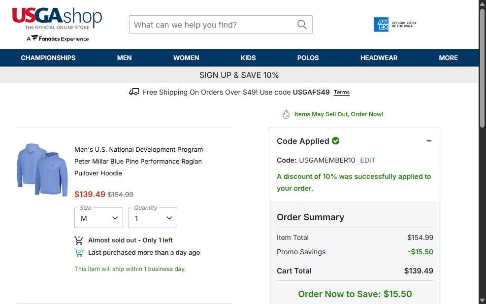 USGA Merchandise checkout page showing USGA Merchandise promo code box | Screenshot taken by SimplyCodes community member on Jan 8, 2026
