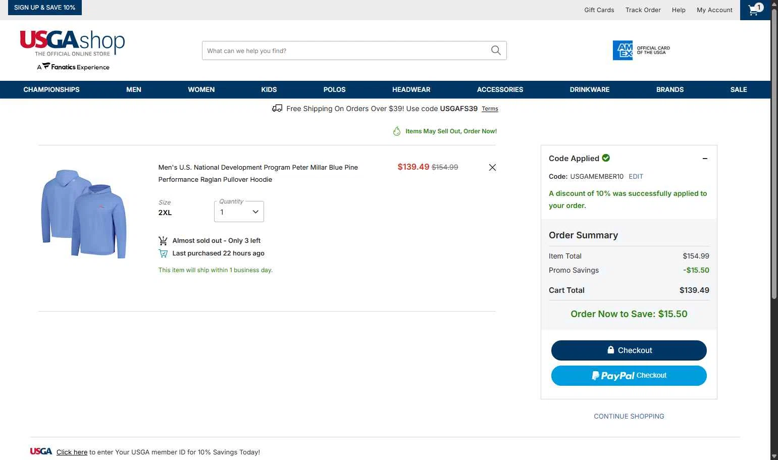 USGA Merchandise checkout page showing USGA Merchandise promo code box | Screenshot taken by SimplyCodes community member on Feb 19, 2026