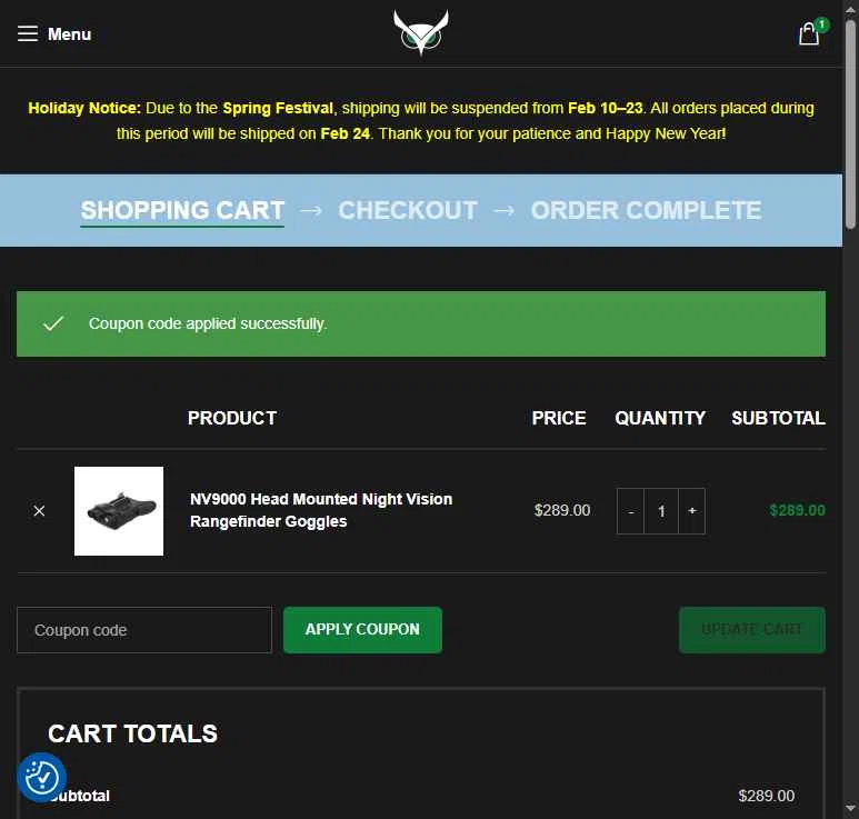 Usnighthawk checkout page showing Usnighthawk promo code box | Screenshot taken by SimplyCodes community member on Feb 13, 2026