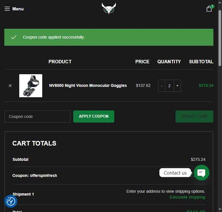 Usnighthawk checkout page showing Usnighthawk promo code box | Screenshot taken by SimplyCodes community member on Feb 11, 2026