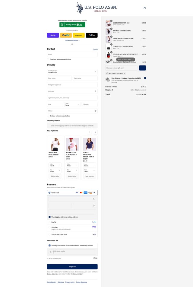 U.S. Polo Assn. checkout page showing U.S. Polo Assn. coupon code box | Screenshot taken by SimplyCodes community member on Sep 8, 2025
