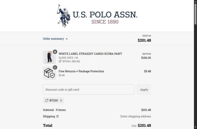 U.S. Polo Assn. checkout page showing U.S. Polo Assn. coupon code box | Screenshot taken by SimplyCodes community member on Aug 27, 2025