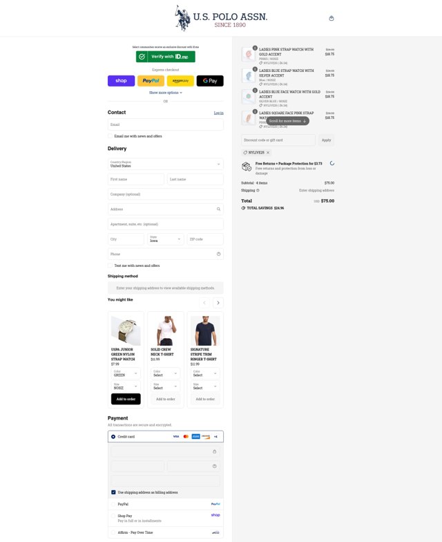 U.S. Polo Assn. checkout page showing U.S. Polo Assn. coupon code box | Screenshot taken by SimplyCodes community member on Sep 3, 2025