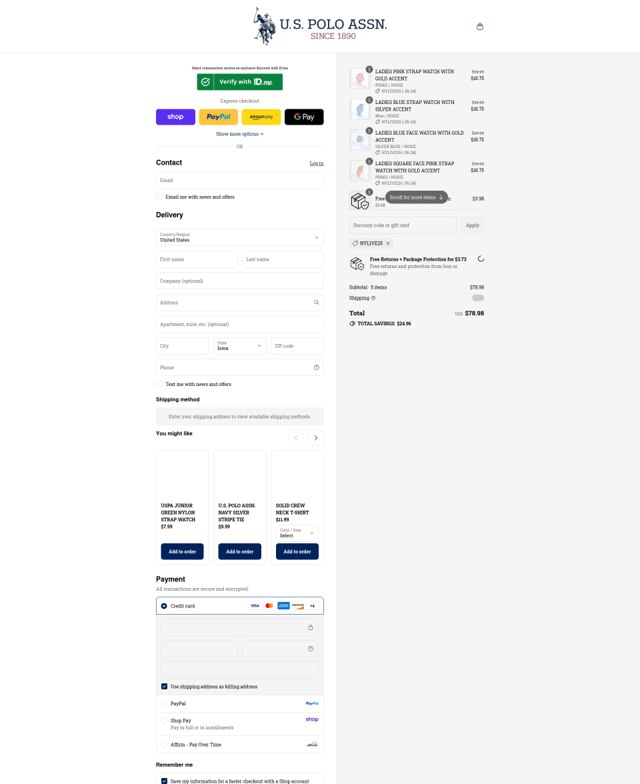 U.S. Polo Assn. checkout page showing U.S. Polo Assn. coupon code box | Screenshot taken by SimplyCodes community member on Aug 30, 2025