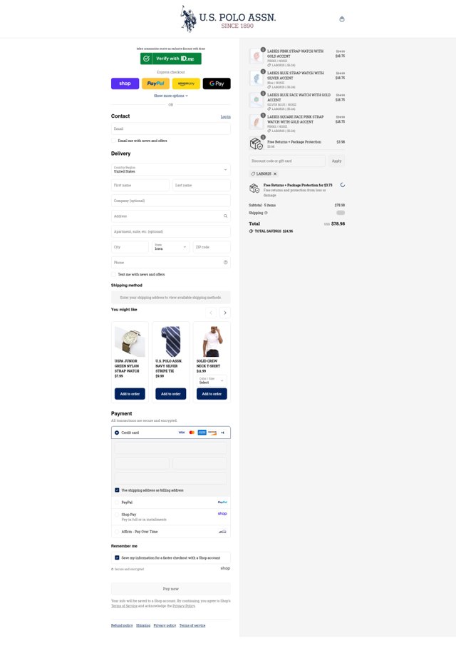 U.S. Polo Assn. checkout page showing U.S. Polo Assn. coupon code box | Screenshot taken by SimplyCodes community member on Aug 30, 2025