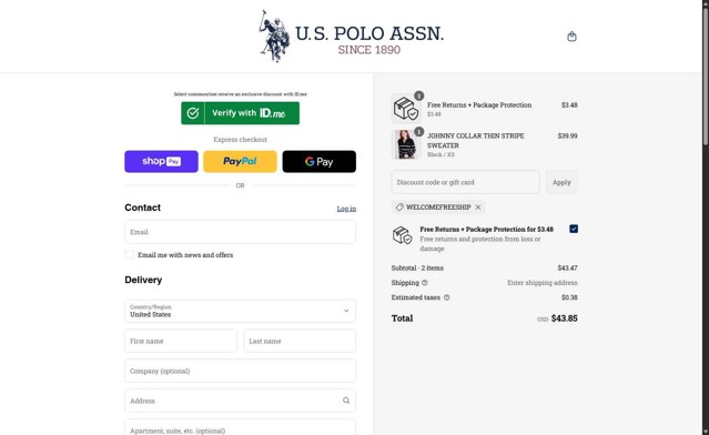 U.S. Polo Assn. checkout page showing U.S. Polo Assn. coupon code box | Screenshot taken by SimplyCodes community member on Aug 27, 2025