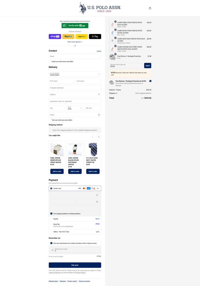 U.S. Polo Assn. checkout page showing U.S. Polo Assn. coupon code box | Screenshot taken by SimplyCodes community member on Aug 26, 2025