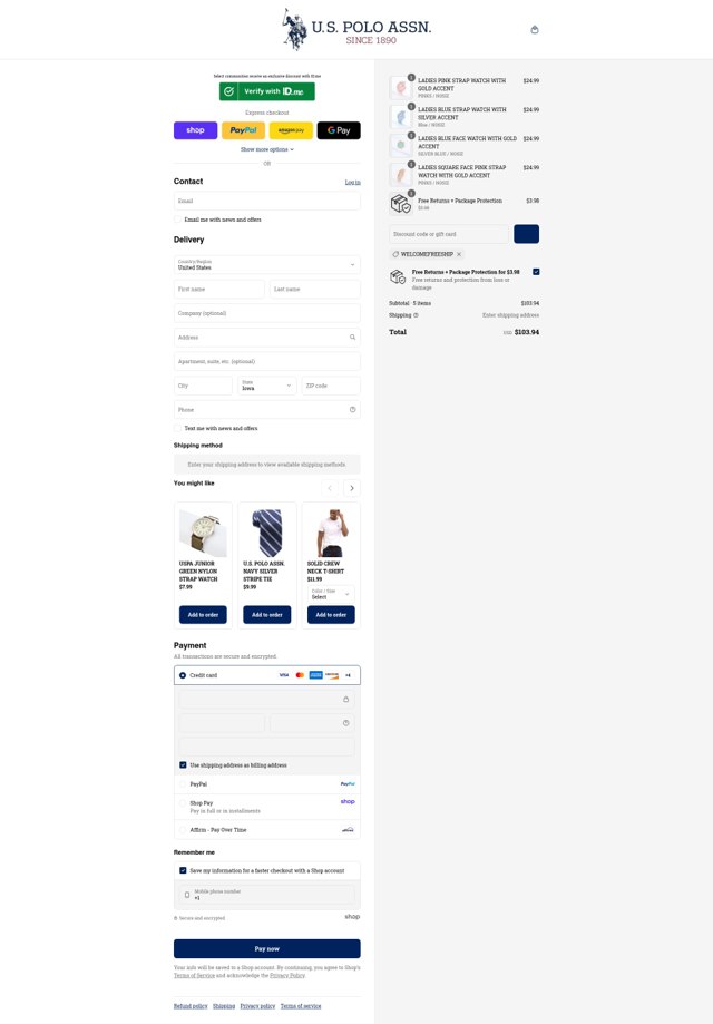 U.S. Polo Assn. checkout page showing U.S. Polo Assn. coupon code box | Screenshot taken by SimplyCodes community member on Aug 30, 2025
