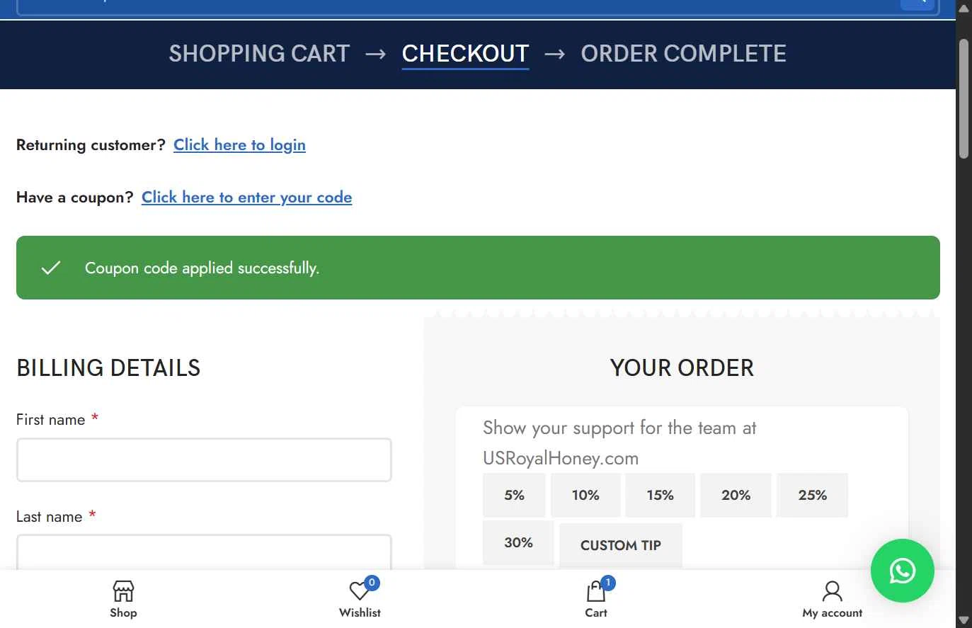 US Royal Honey checkout page showing US Royal Honey coupon code box | Screenshot taken by SimplyCodes community member on May 4, 2025