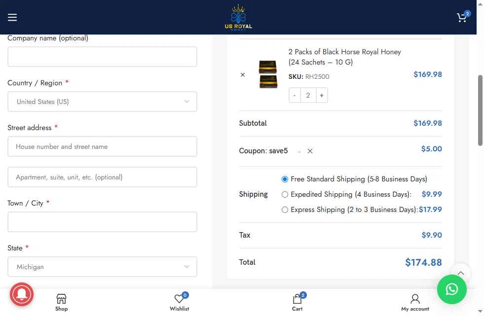 US Royal Honey checkout page showing US Royal Honey coupon code box | Screenshot taken by SimplyCodes community member on May 20, 2025