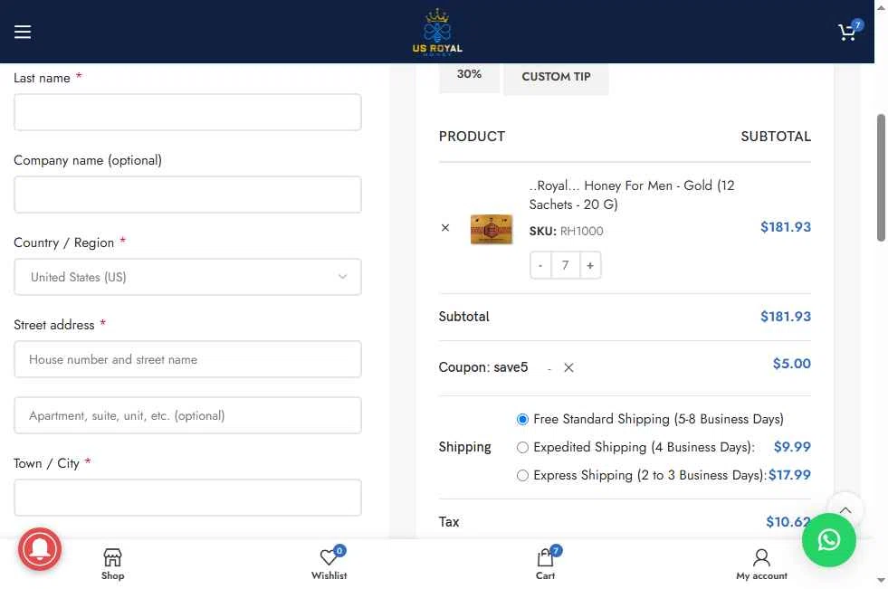US Royal Honey checkout page showing US Royal Honey coupon code box | Screenshot taken by SimplyCodes community member on May 4, 2025