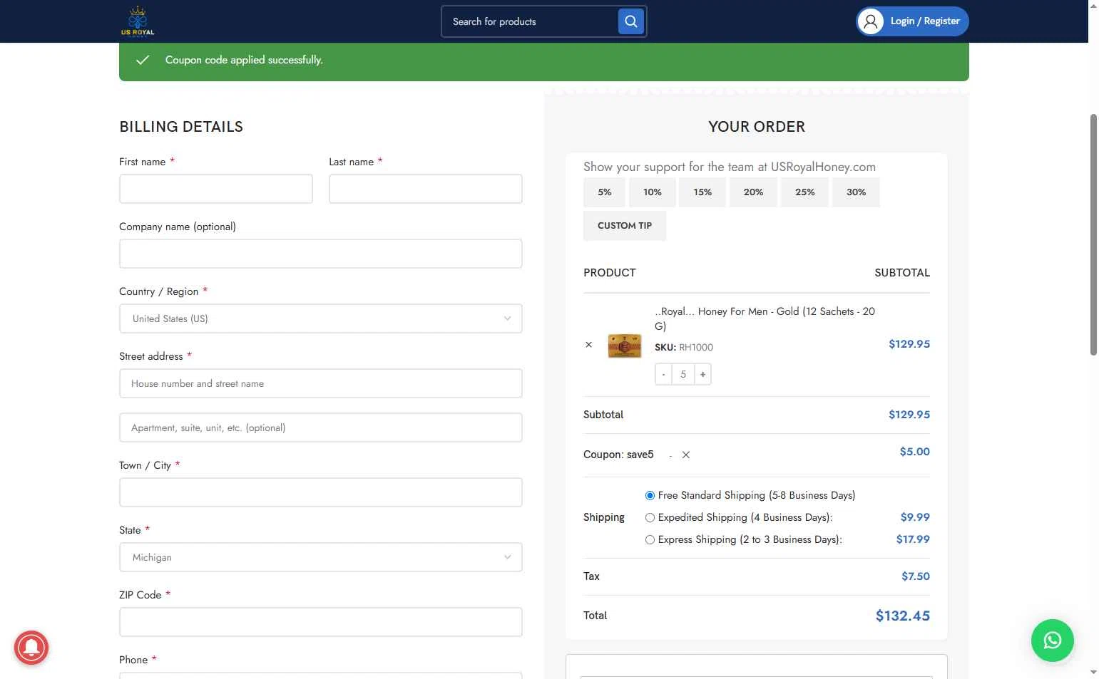 US Royal Honey checkout page showing US Royal Honey coupon code box | Screenshot taken by SimplyCodes community member on May 4, 2025
