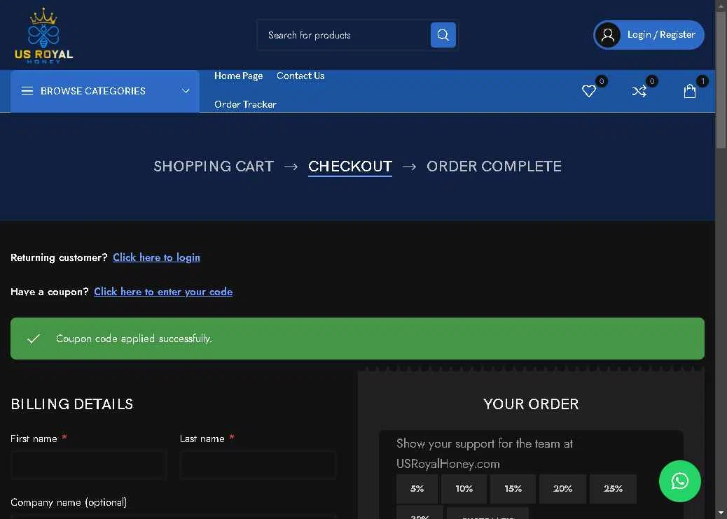 US Royal Honey checkout page showing US Royal Honey coupon code box | Screenshot taken by SimplyCodes community member on May 4, 2025