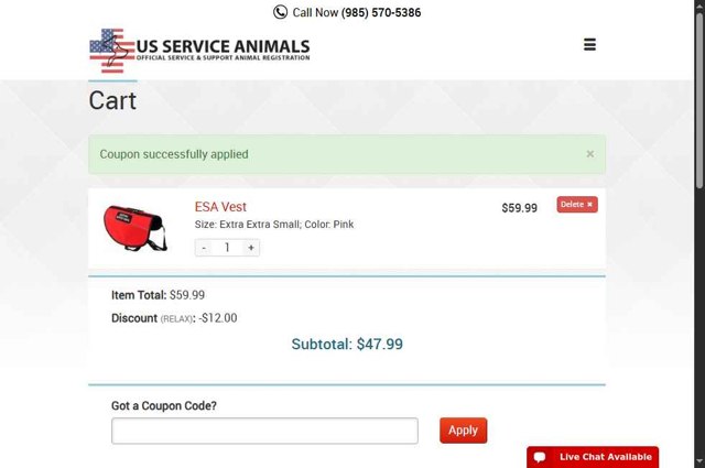 US Service Animals checkout page showing US Service Animals coupon code box | Screenshot taken by SimplyCodes community member on Aug 28, 2025