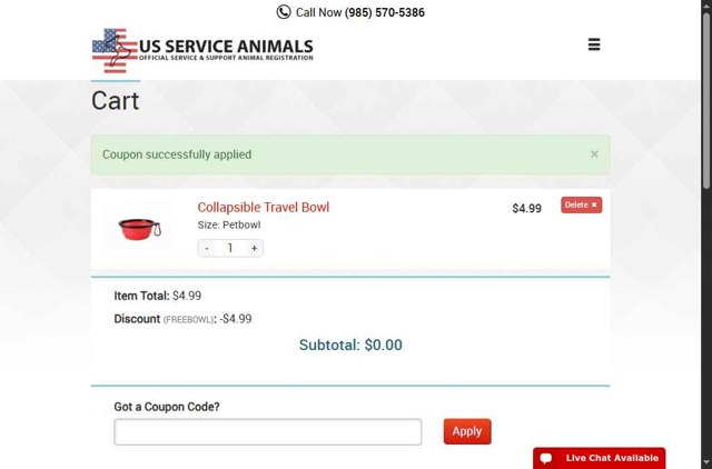 US Service Animals checkout page showing US Service Animals coupon code box | Screenshot taken by SimplyCodes community member on Aug 29, 2025