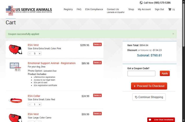 US Service Animals checkout page showing US Service Animals coupon code box | Screenshot taken by SimplyCodes community member on Sep 6, 2025