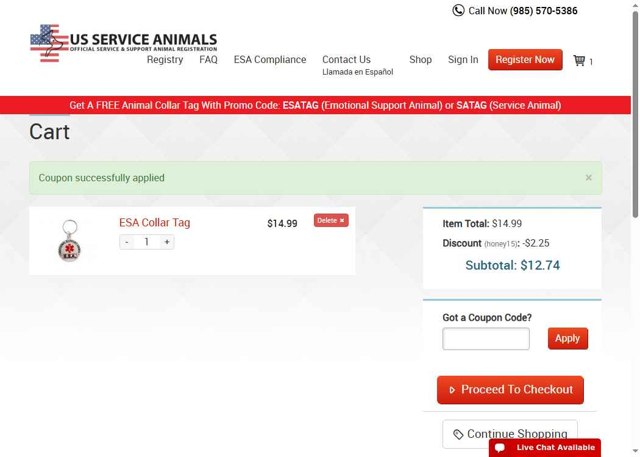 US Service Animals checkout page showing US Service Animals coupon code box | Screenshot taken by SimplyCodes community member on Sep 5, 2025