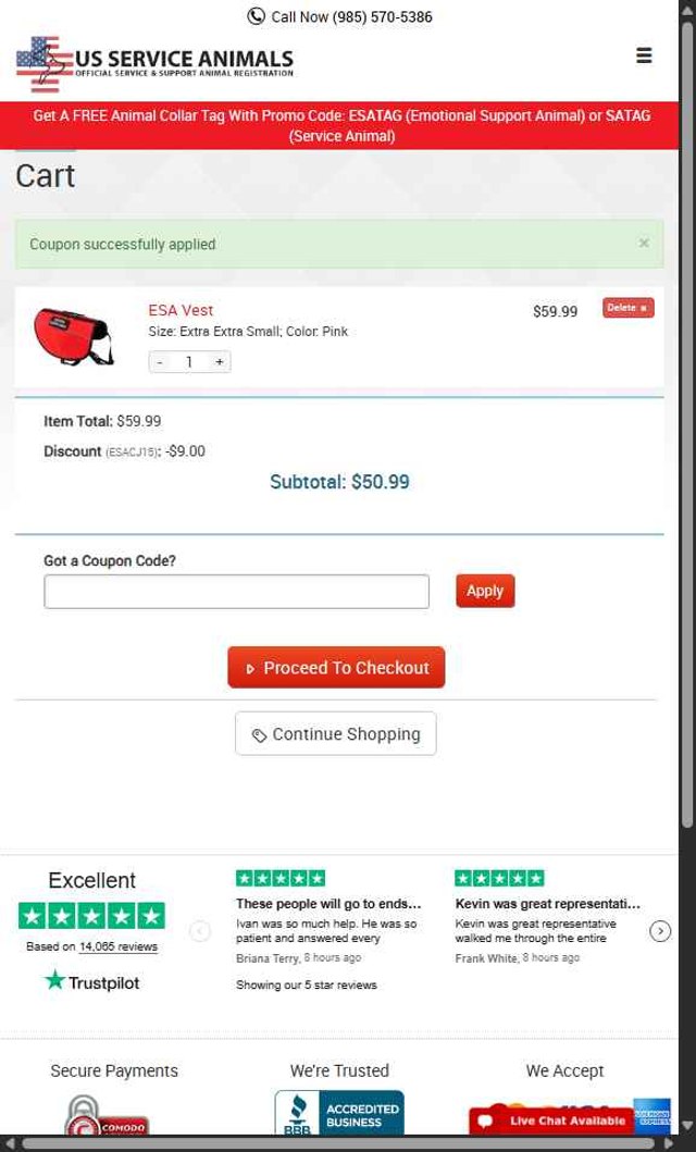 US Service Animals checkout page showing US Service Animals coupon code box | Screenshot taken by SimplyCodes community member on Sep 5, 2025