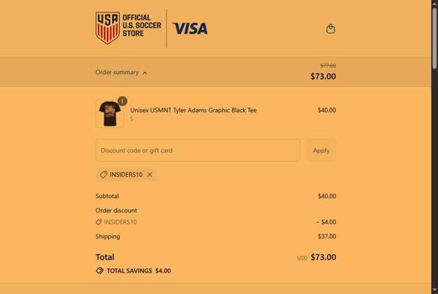 U.S. Soccer checkout page showing U.S. Soccer discount code box | Screenshot taken by SimplyCodes community member on Sep 9, 2025