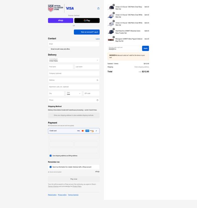 U.S. Soccer checkout page showing U.S. Soccer discount code box | Screenshot taken by SimplyCodes community member on Sep 8, 2025