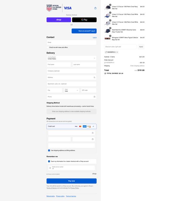 U.S. Soccer checkout page showing U.S. Soccer discount code box | Screenshot taken by SimplyCodes community member on Sep 3, 2025
