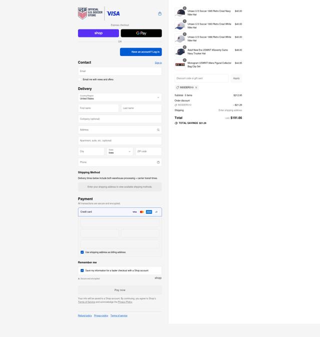 U.S. Soccer checkout page showing U.S. Soccer discount code box | Screenshot taken by SimplyCodes community member on Sep 12, 2025