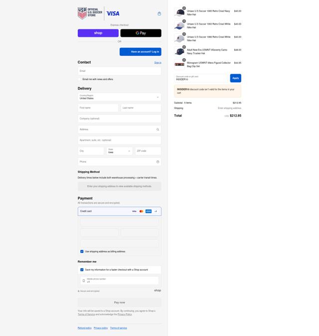 U.S. Soccer checkout page showing U.S. Soccer discount code box | Screenshot taken by SimplyCodes community member on Sep 12, 2025