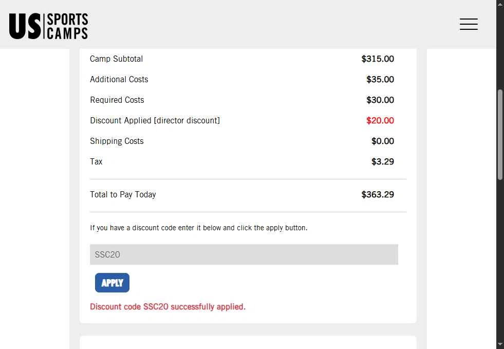 US Sports Camp checkout page showing US Sports Camp discount code box | Screenshot taken by SimplyCodes community member on Jul 12, 2025