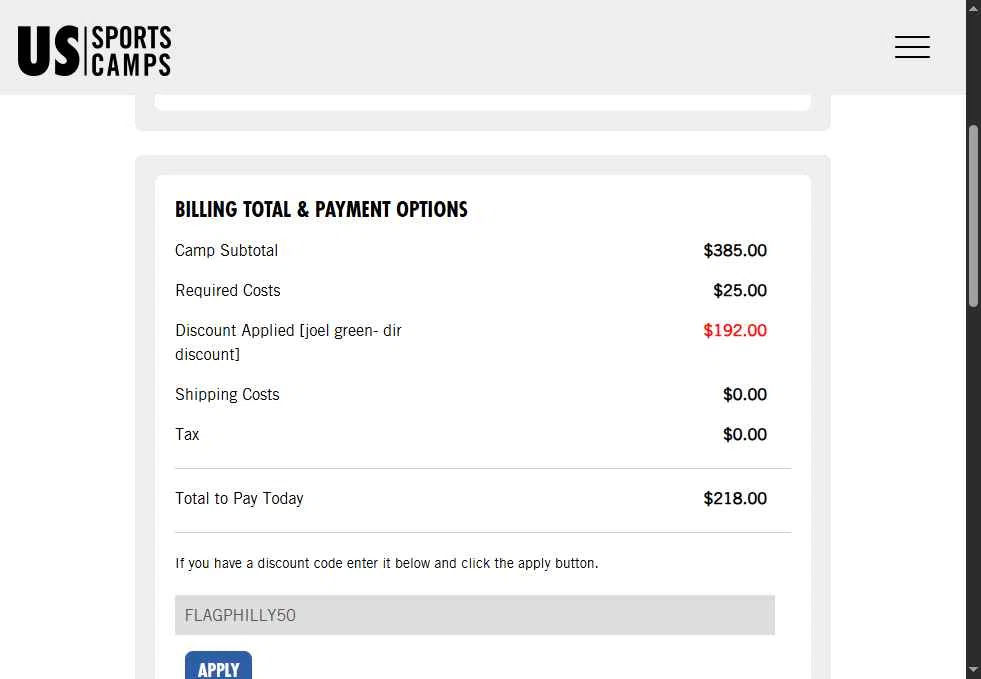 US Sports Camp checkout page showing US Sports Camp discount code box | Screenshot taken by SimplyCodes community member on Jun 9, 2025