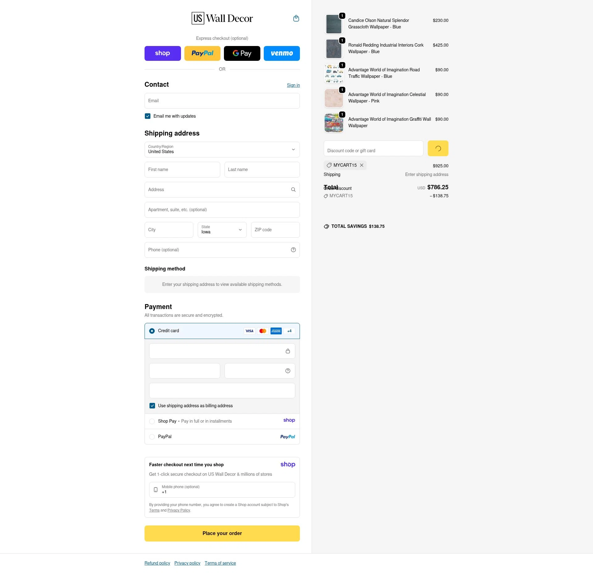 US Wall Decor checkout page showing US Wall Decor coupon code box | Screenshot taken by SimplyCodes community member on Jan 8, 2026