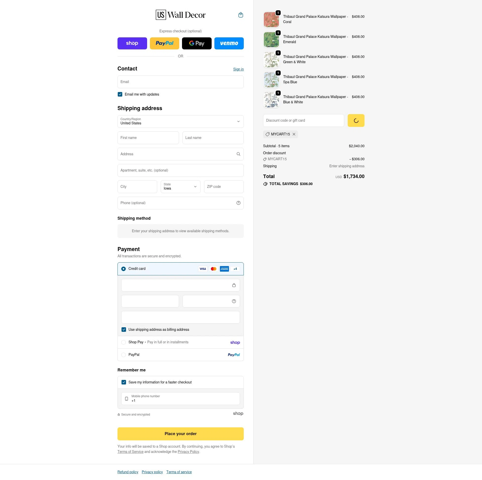 US Wall Decor checkout page showing US Wall Decor coupon code box | Screenshot taken by SimplyCodes community member on Jan 27, 2026
