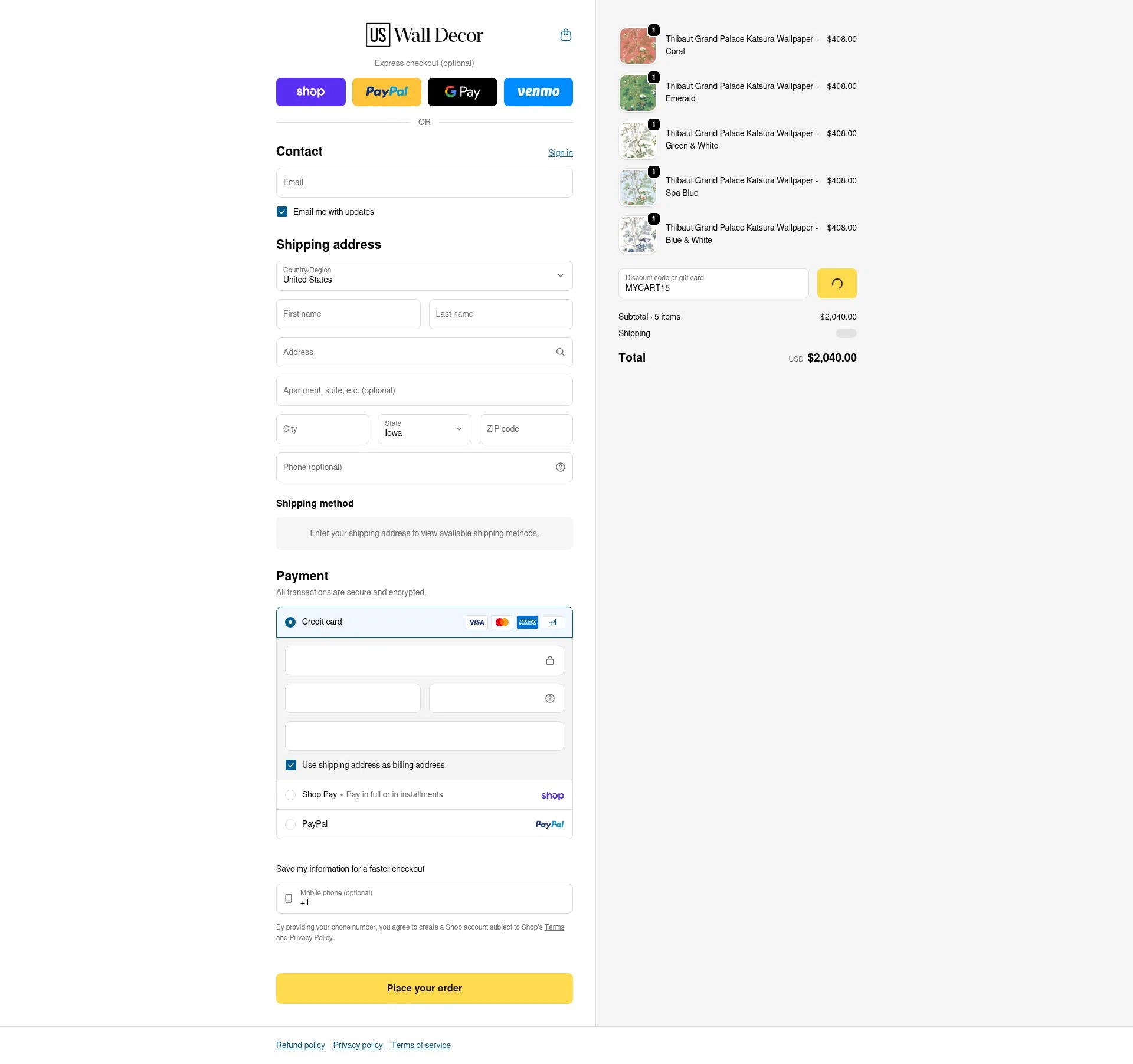 US Wall Decor checkout page showing US Wall Decor coupon code box | Screenshot taken by SimplyCodes community member on Feb 1, 2026
