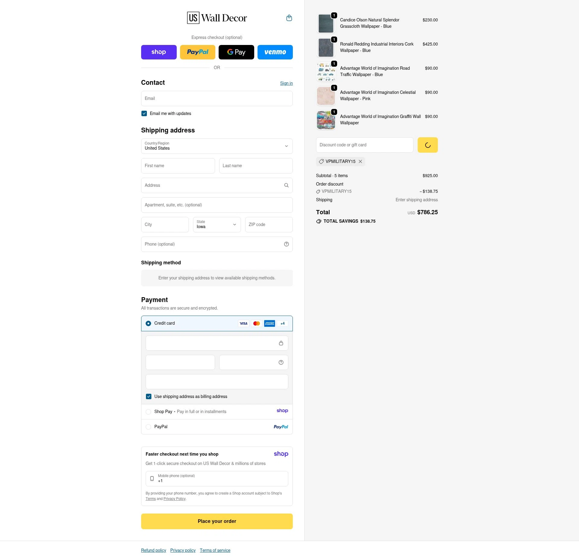 US Wall Decor checkout page showing US Wall Decor coupon code box | Screenshot taken by SimplyCodes community member on Jan 8, 2026