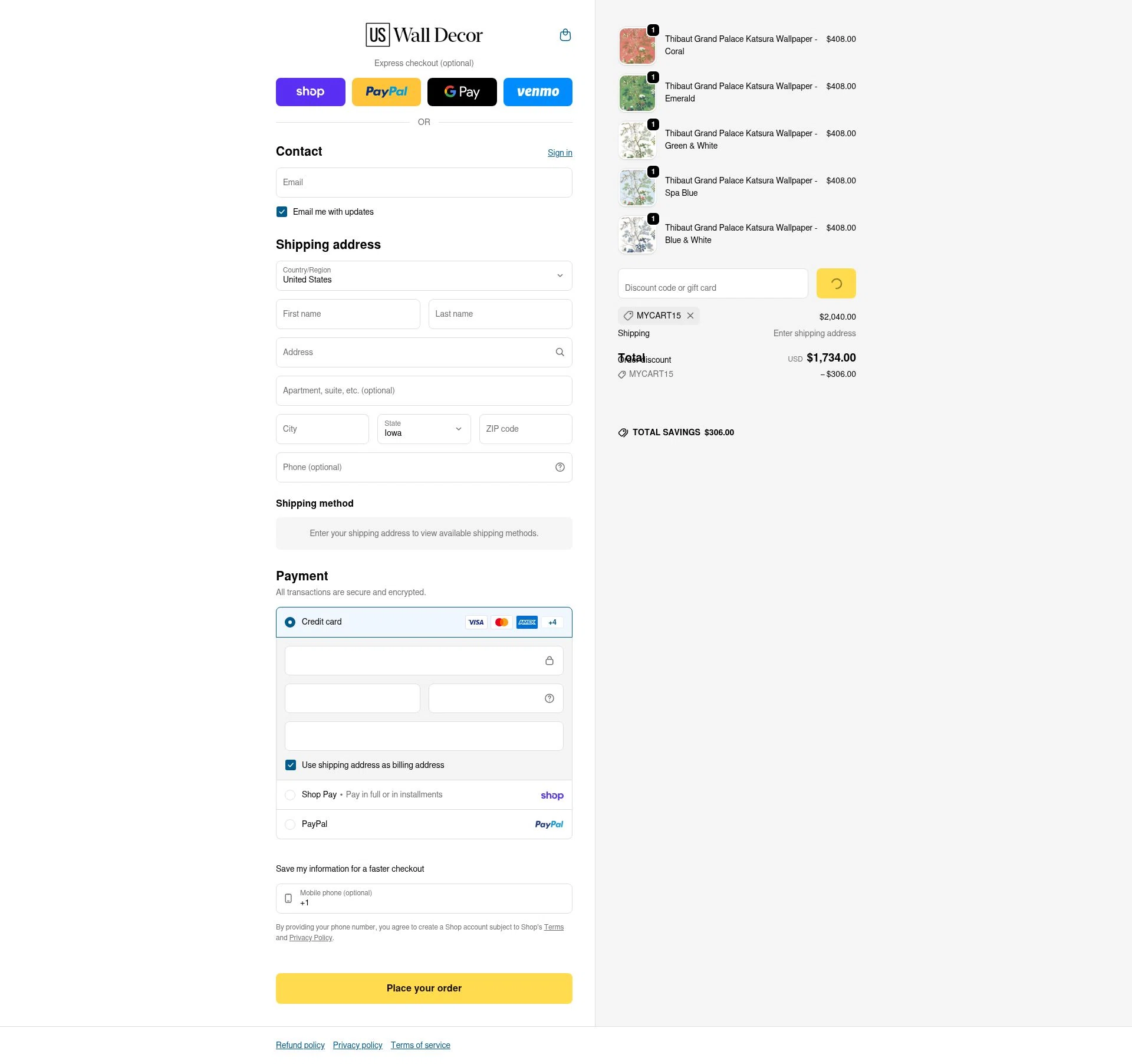 US Wall Decor checkout page showing US Wall Decor coupon code box | Screenshot taken by SimplyCodes community member on Feb 5, 2026