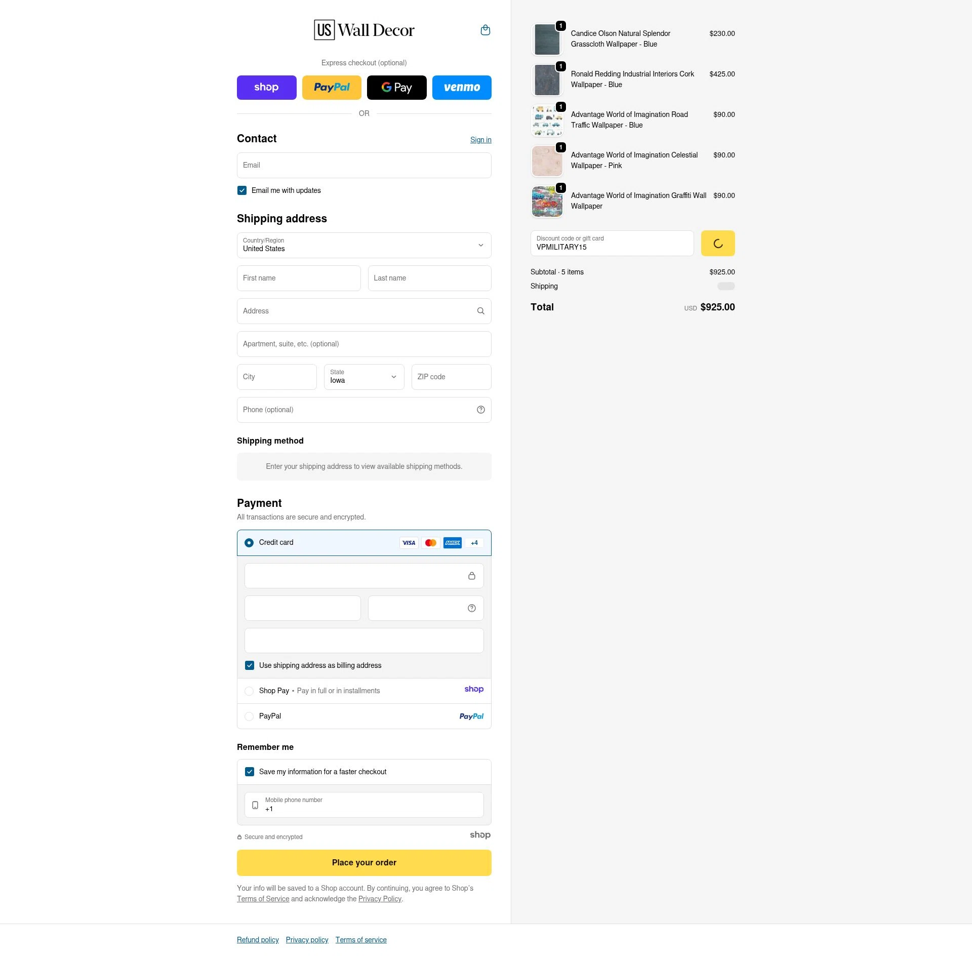 US Wall Decor checkout page showing US Wall Decor coupon code box | Screenshot taken by SimplyCodes community member on Jan 3, 2026