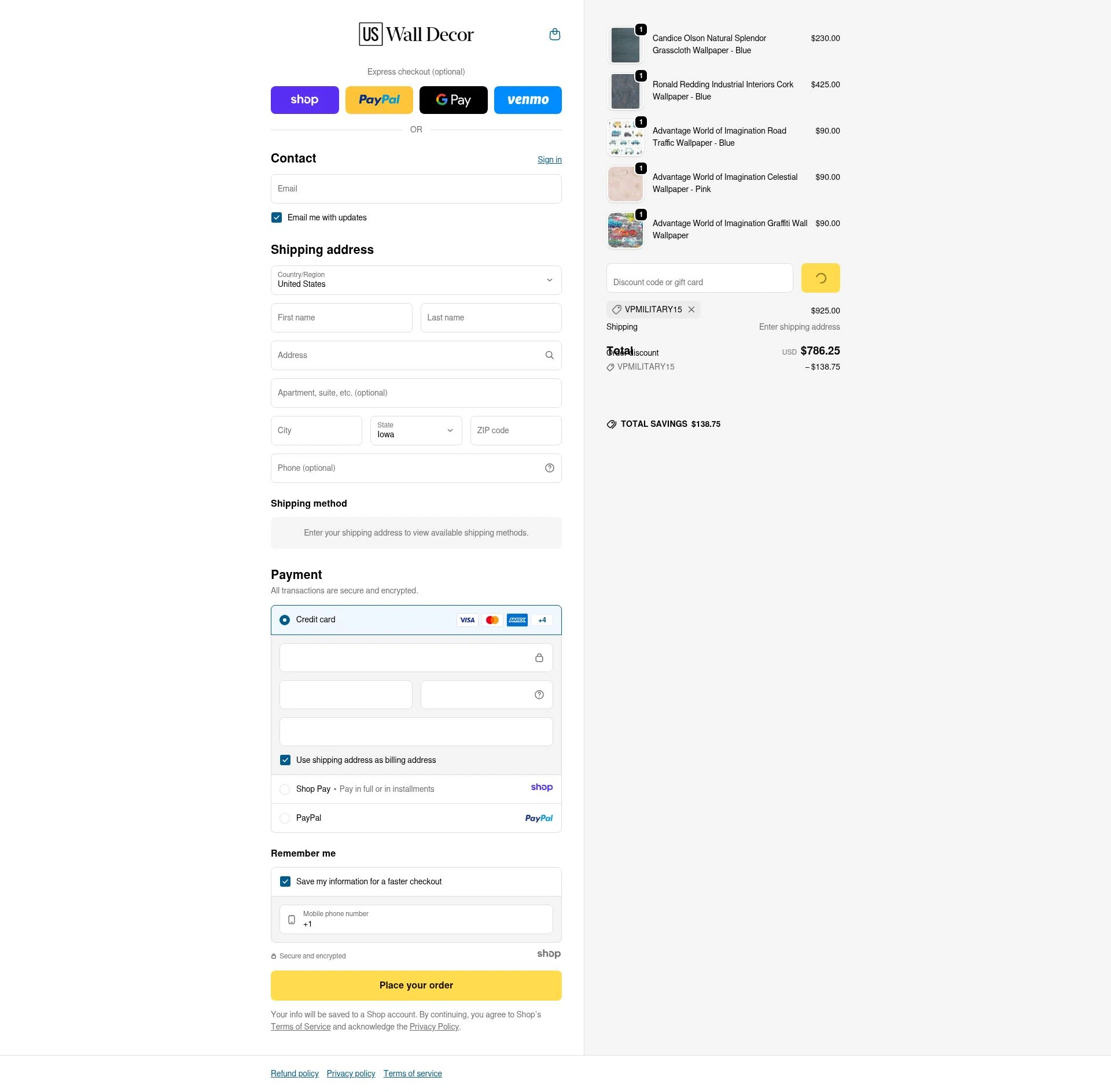 US Wall Decor checkout page showing US Wall Decor coupon code box | Screenshot taken by SimplyCodes community member on Jan 13, 2026