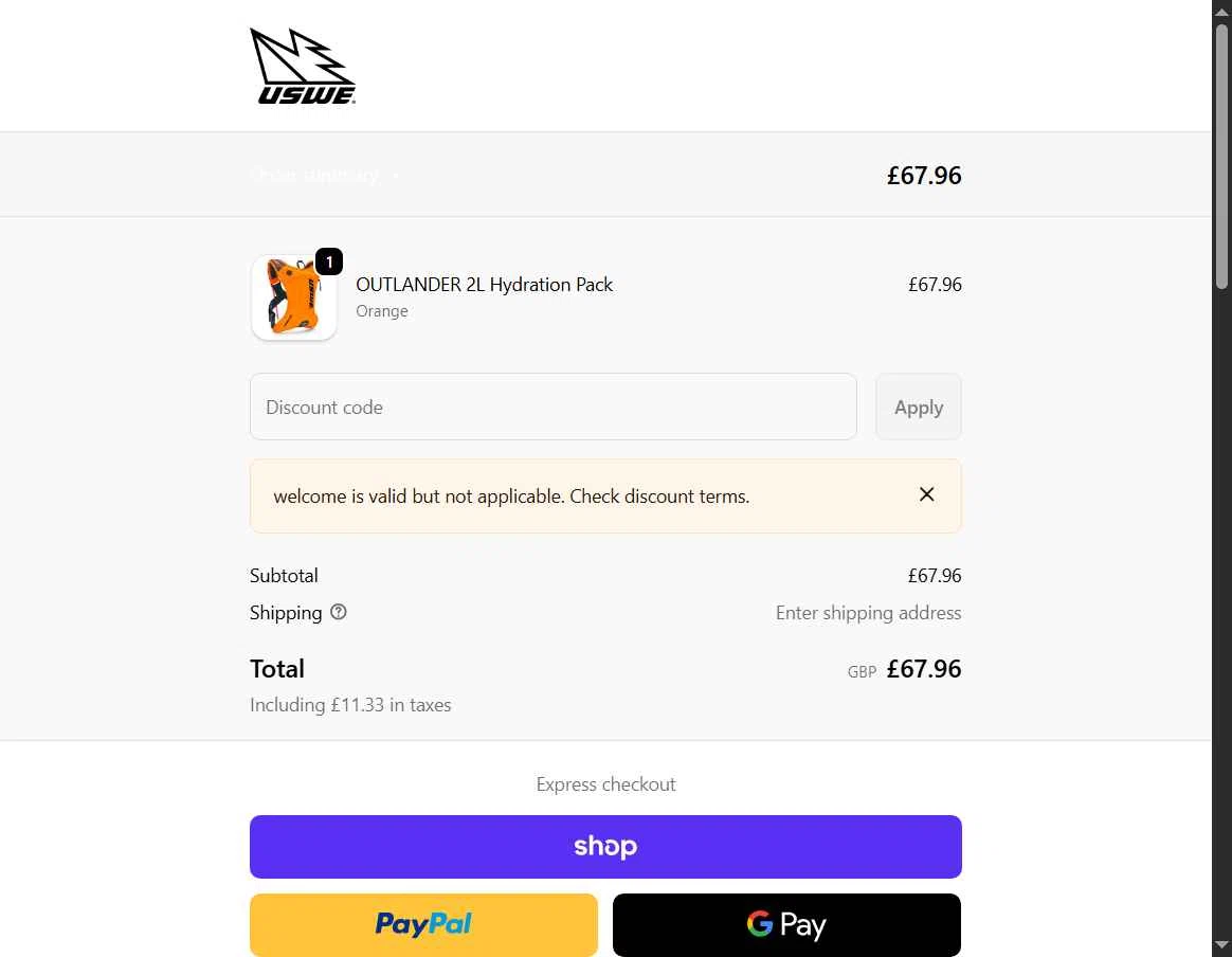 USWE checkout page showing USWE discount code box | Screenshot taken by SimplyCodes community member on Feb 2, 2026
