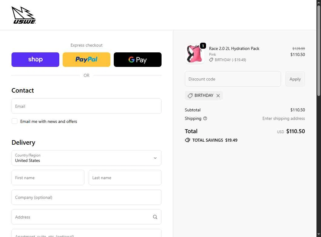 USWE checkout page showing USWE discount code box | Screenshot taken by SimplyCodes community member on Dec 5, 2025