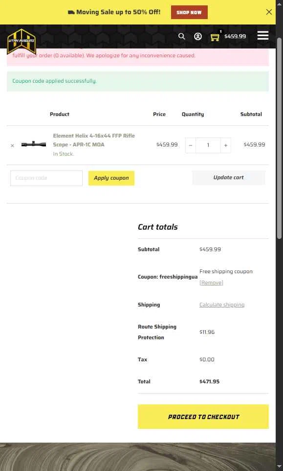Utah Airguns checkout page showing Utah Airguns coupon code box | Screenshot taken by SimplyCodes community member on Aug 6, 2025