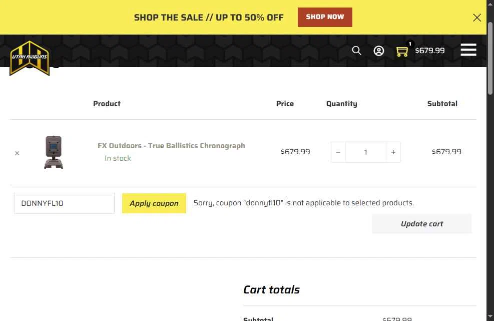 Utah Airguns checkout page showing Utah Airguns coupon code box | Screenshot taken by SimplyCodes community member on Oct 2, 2025